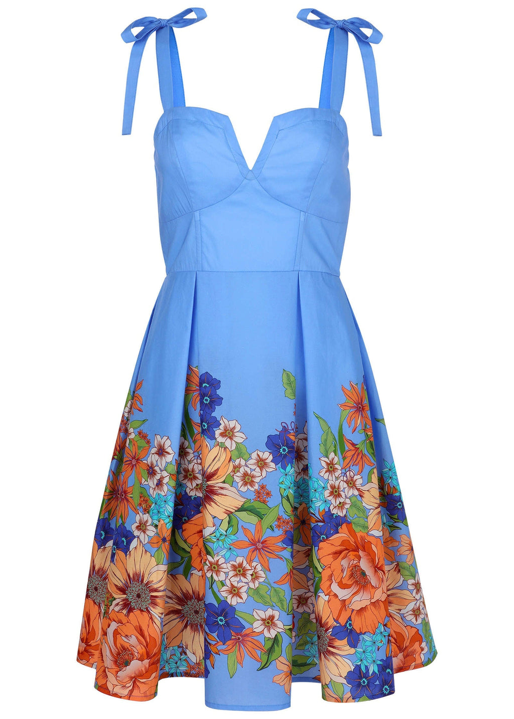 Women's blue floral border midi dress with sweetheart neckline and tie straps