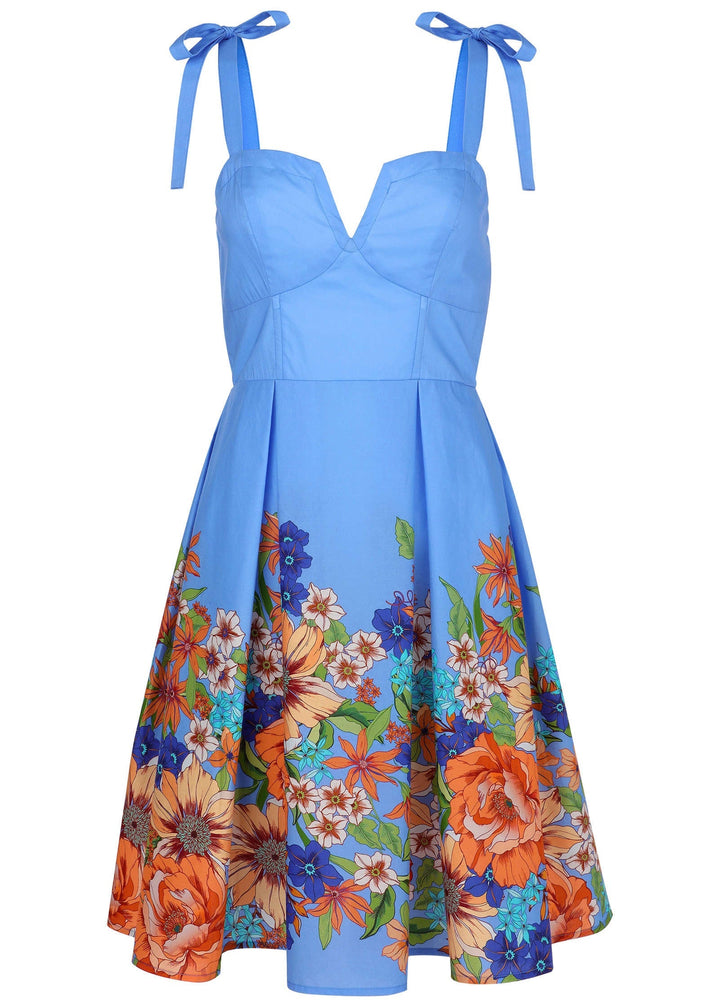 Women's blue floral border midi dress with sweetheart neckline and tie straps