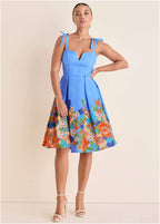 Women's blue floral border midi dress with sweetheart neckline and tie straps