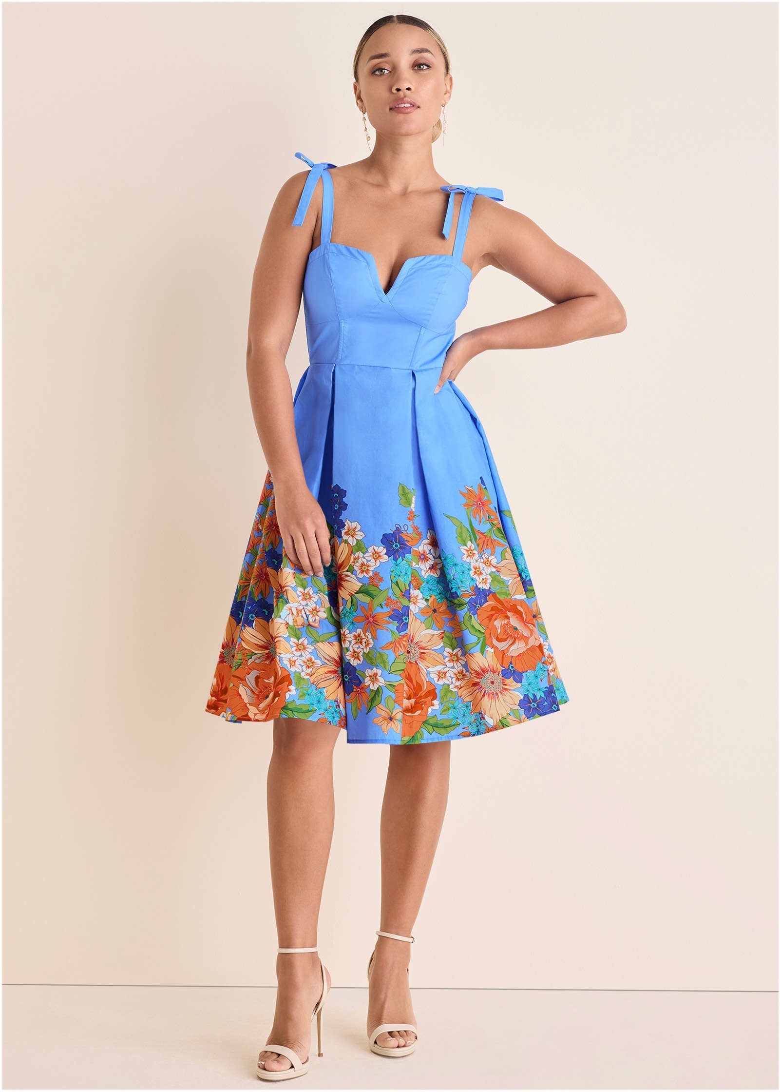 Women's blue floral border midi dress with sweetheart neckline and tie straps