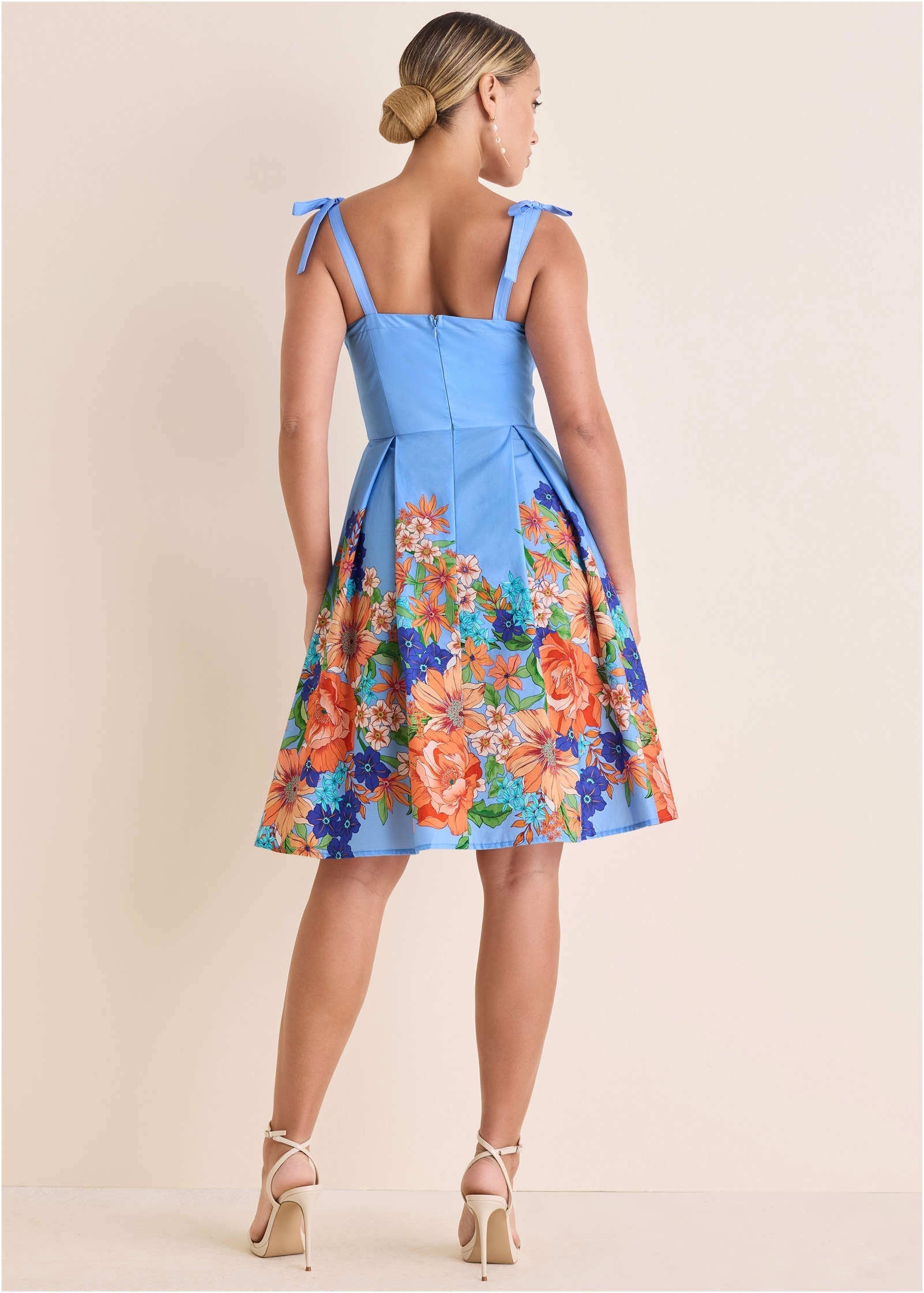Women's blue floral border midi dress with sweetheart neckline and tie straps