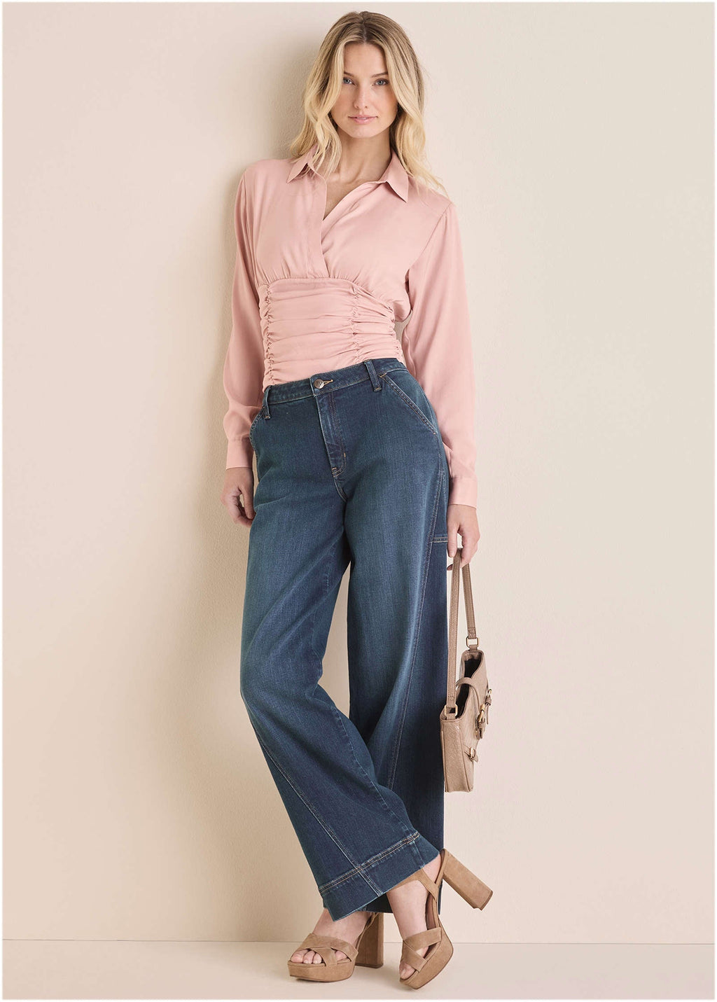Women's mauve wrap blouse with pointed collar and ruched waist