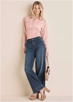 Women's mauve wrap blouse with pointed collar and ruched waist