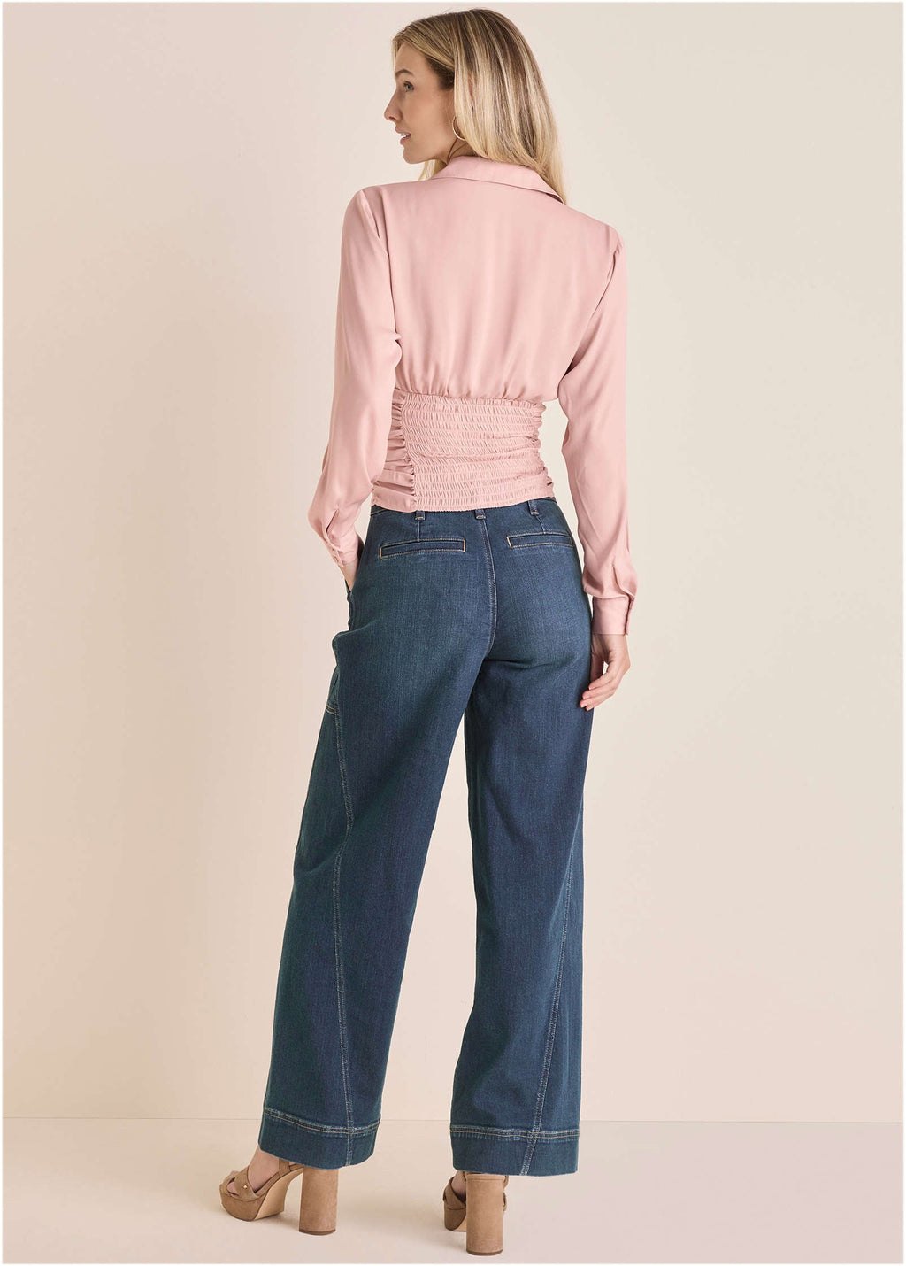 Women's mauve wrap blouse with pointed collar and ruched waist