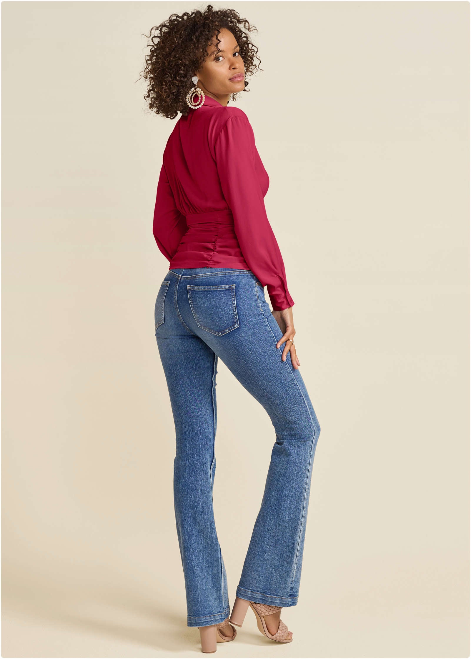 Women's pink ruched blouse with collar and long sleeves