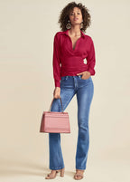 Women's pink ruched blouse with collar and long sleeves