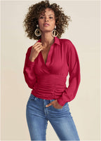 Women's pink ruched blouse with collar and long sleeves