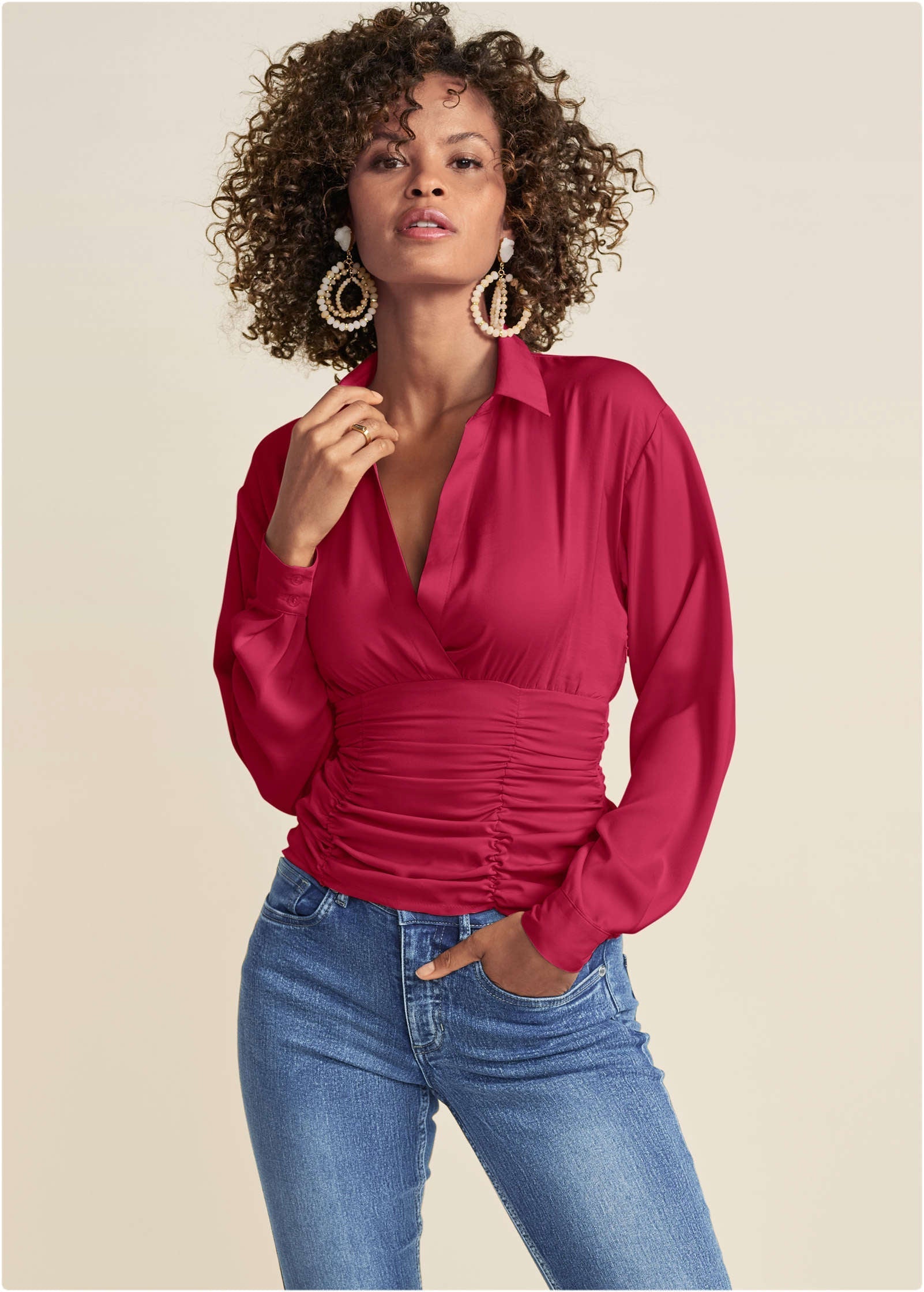Women's pink ruched blouse with collar and long sleeves
