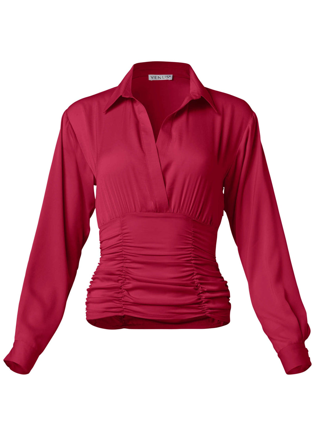 Women's pink ruched blouse with collar and long sleeves