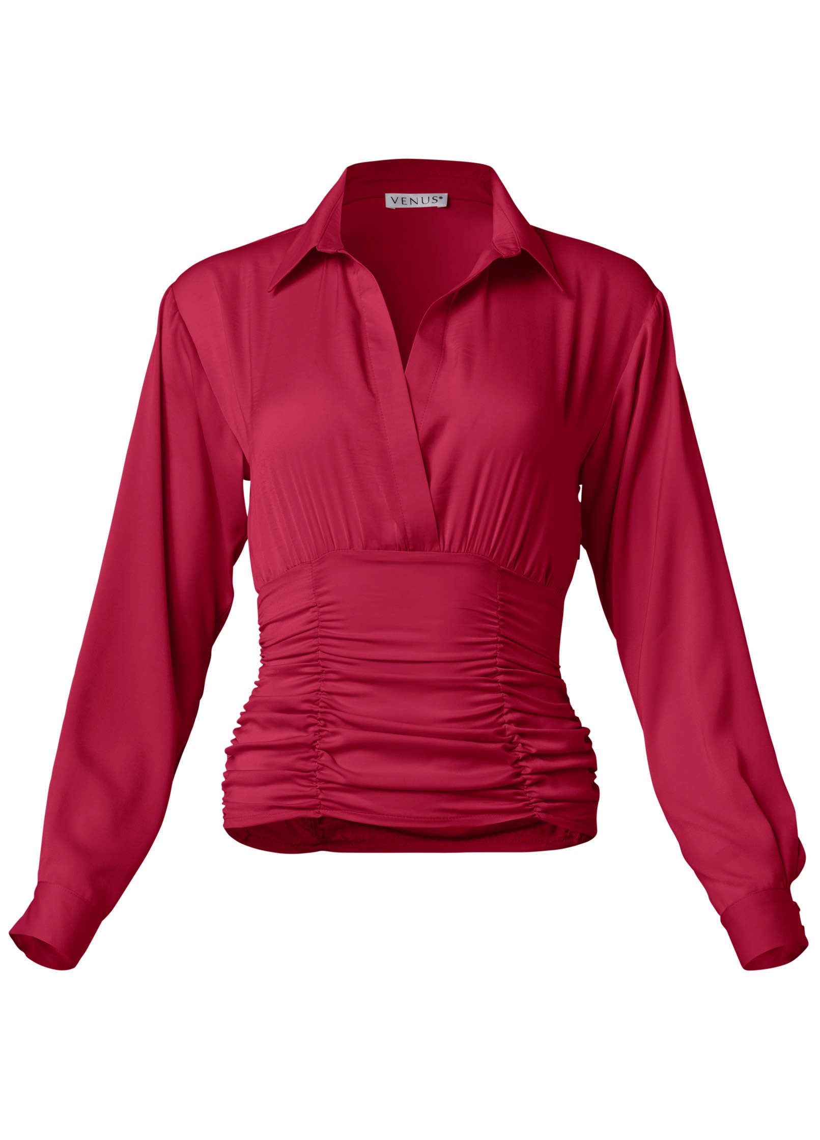 Women's pink ruched blouse with collar and long sleeves