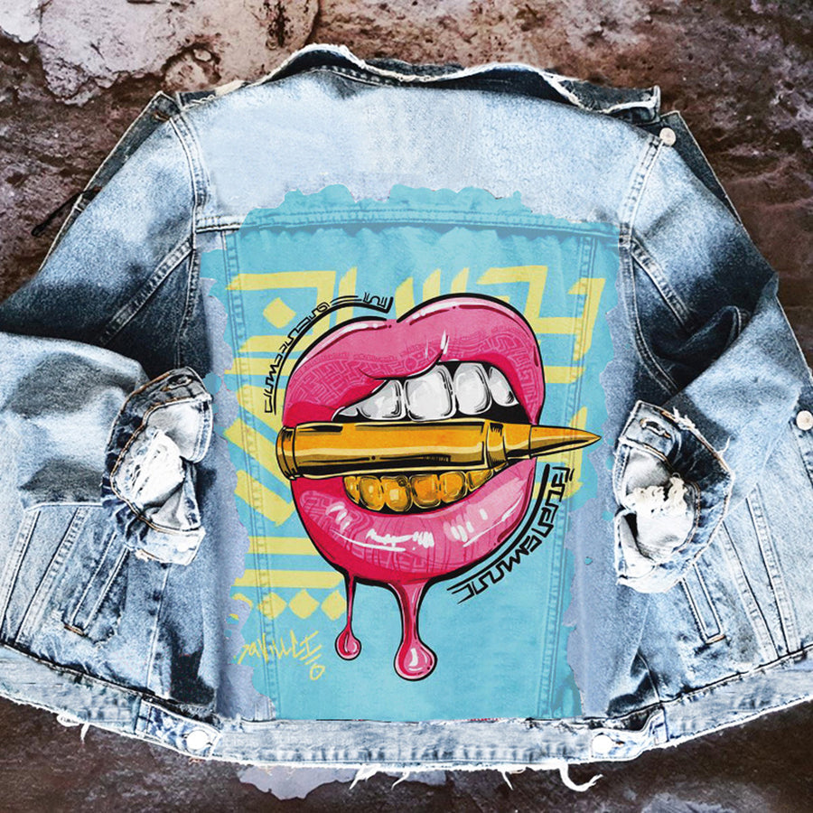 Graphic denim jacket with colourful illustrated back print