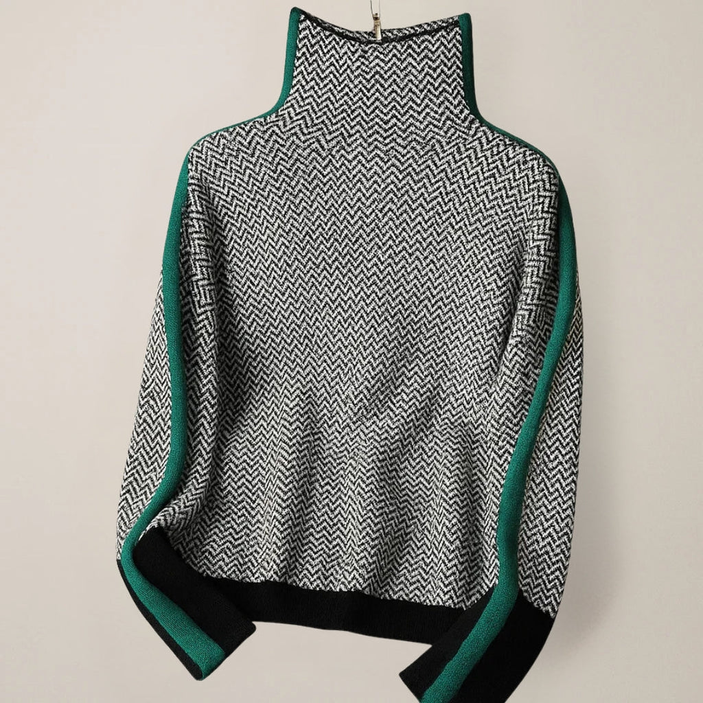 Women's high-neck chevron sweater with contrast sleeve panels