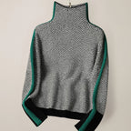 Women's high-neck chevron sweater with contrast sleeve panels