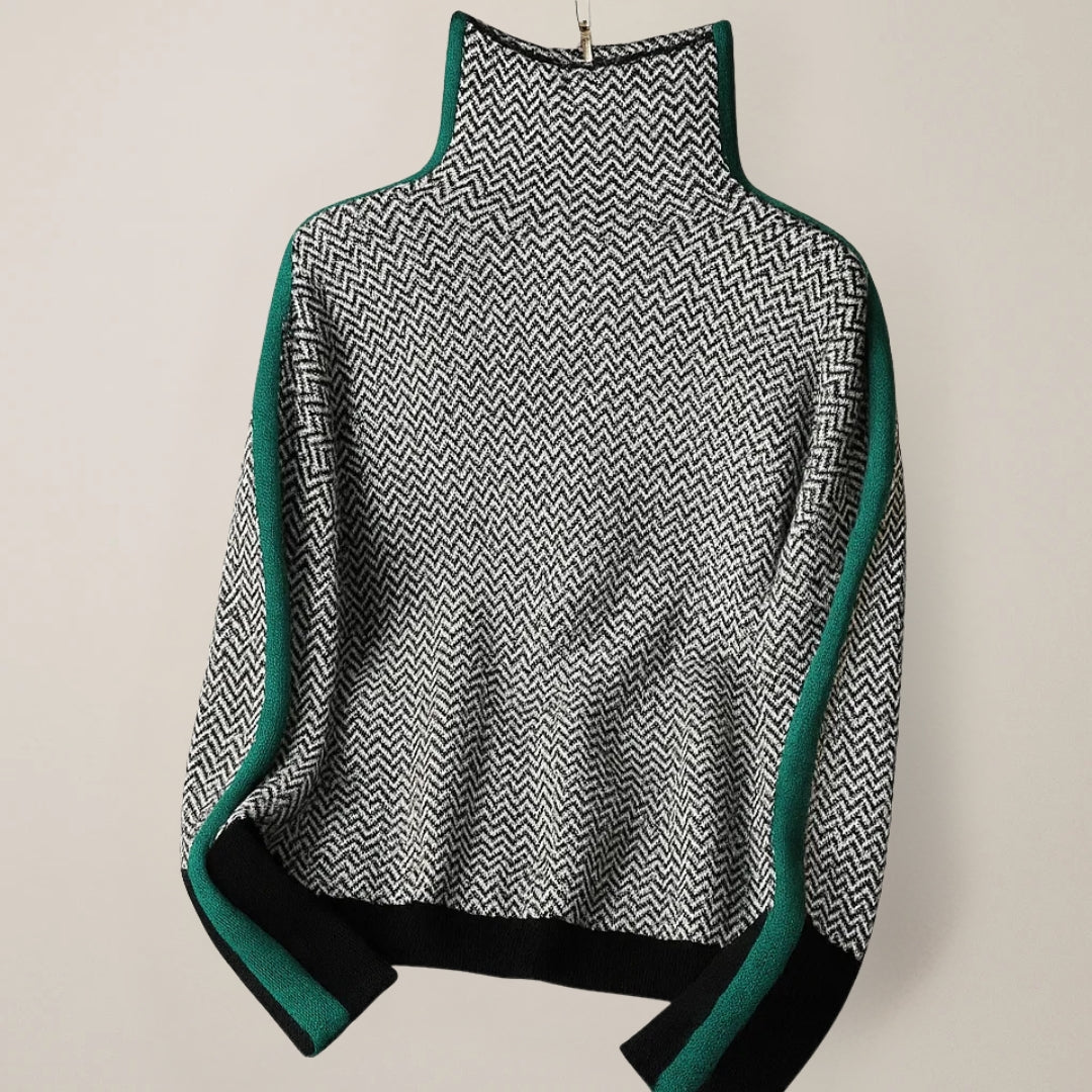 Women's high-neck chevron sweater with contrast sleeve panels