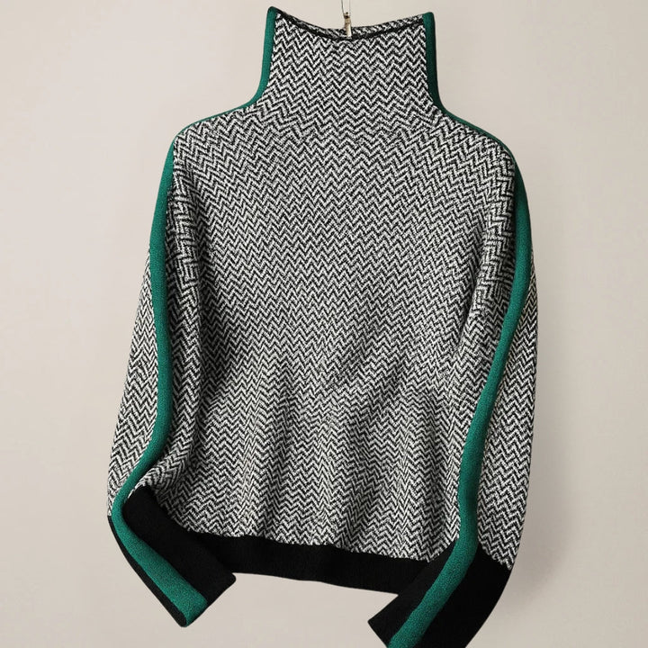 Women's high-neck chevron sweater with contrast sleeve panels
