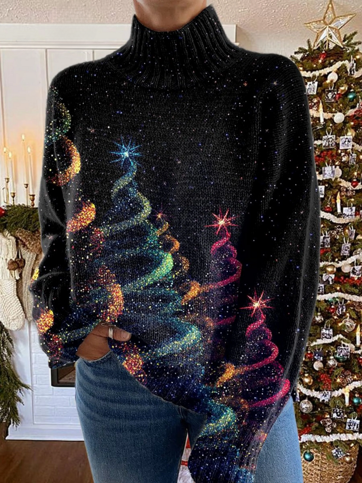 Women's dark turtleneck sweater with glittering multicoloured Christmas tree pattern