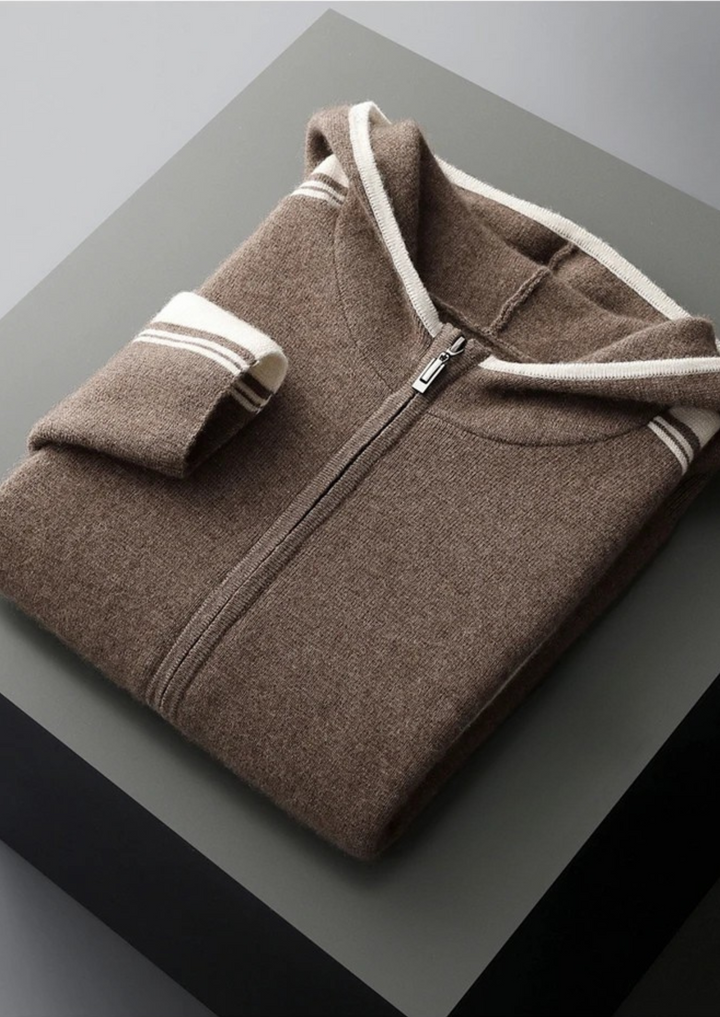 Men's knit hooded tracksuit set with contrast stripes on the sleeves and legs