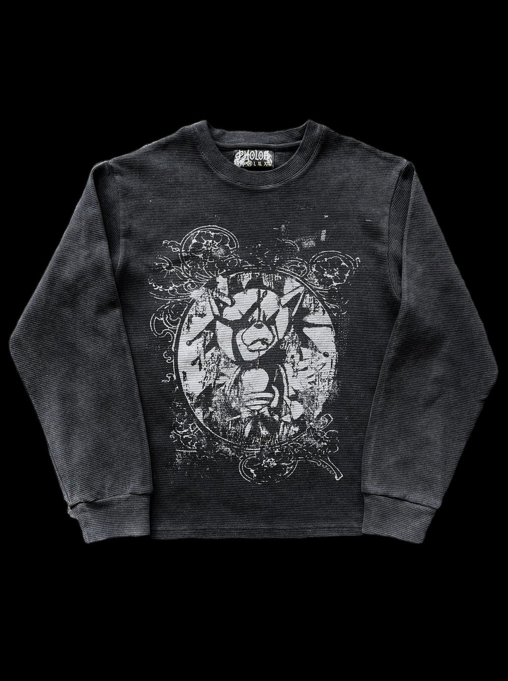 Women's black crewneck sweatshirt with monochrome graphic front print