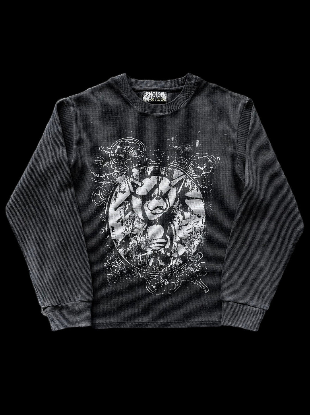 Women's black crewneck sweatshirt with monochrome graphic front print