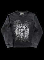 Women's black crewneck sweatshirt with monochrome graphic front print