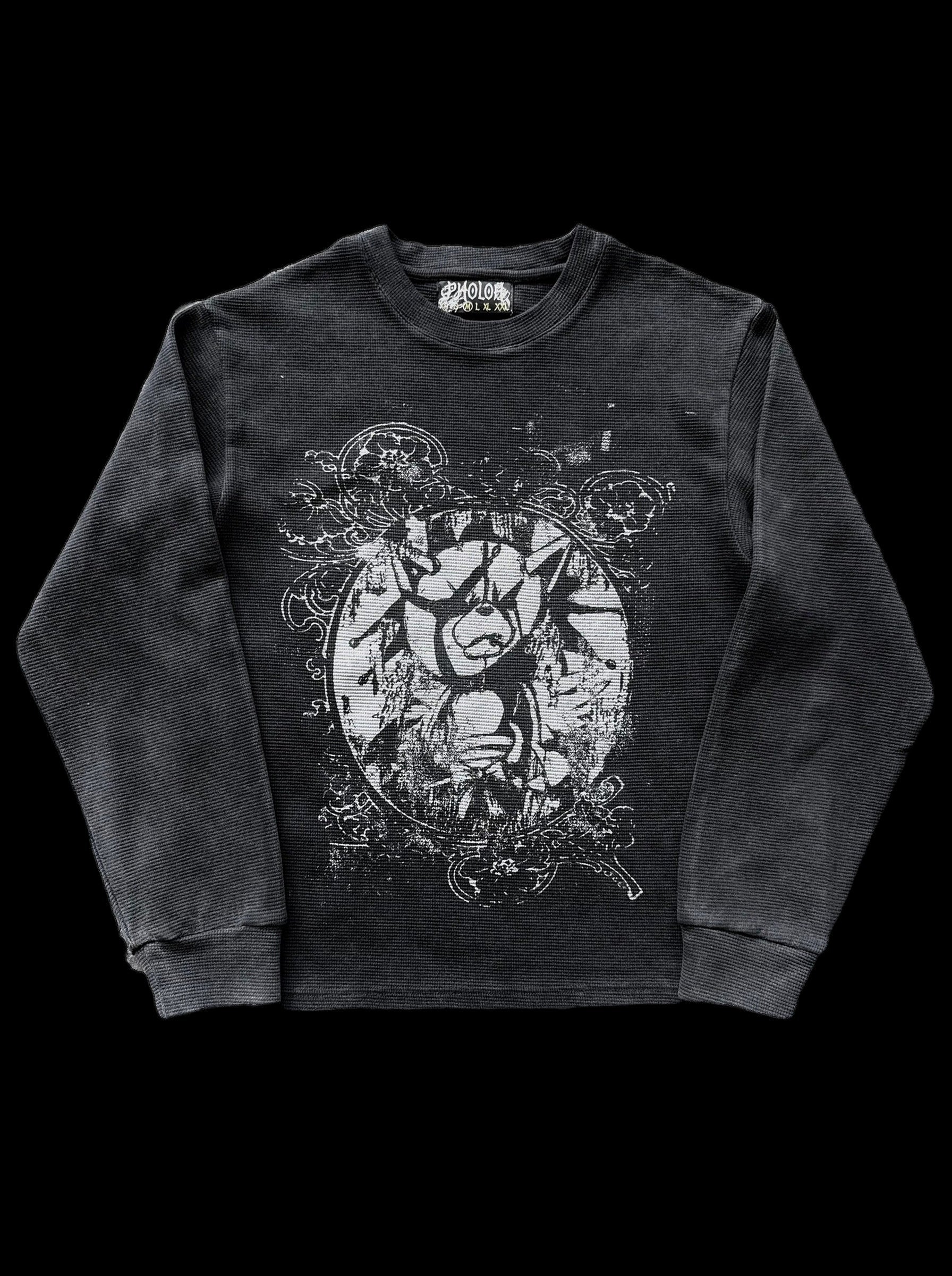 Women's black crewneck sweatshirt with monochrome graphic front print