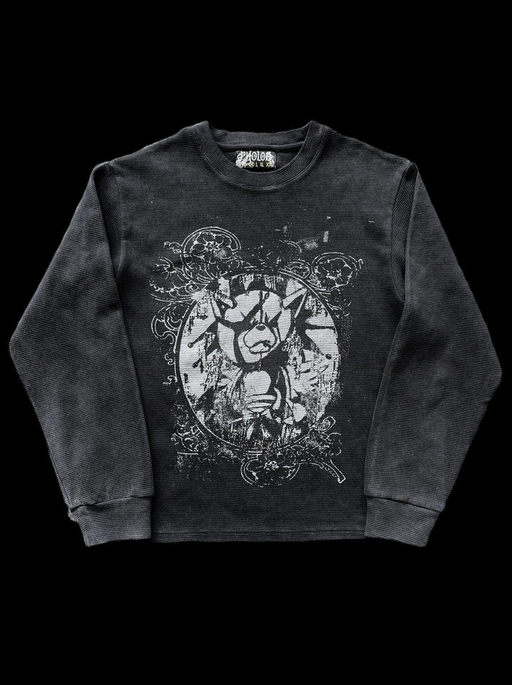 Women's black crewneck sweatshirt with monochrome graphic front print