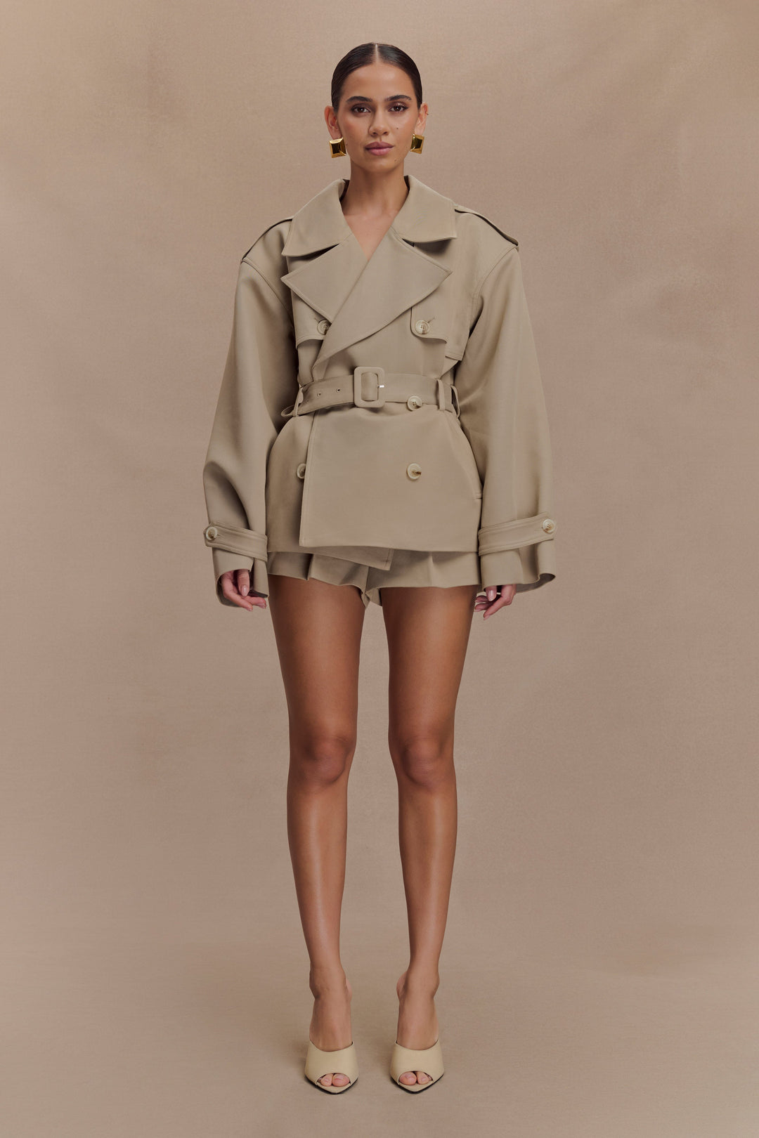 Women's khaki short belted double-breasted trench coat