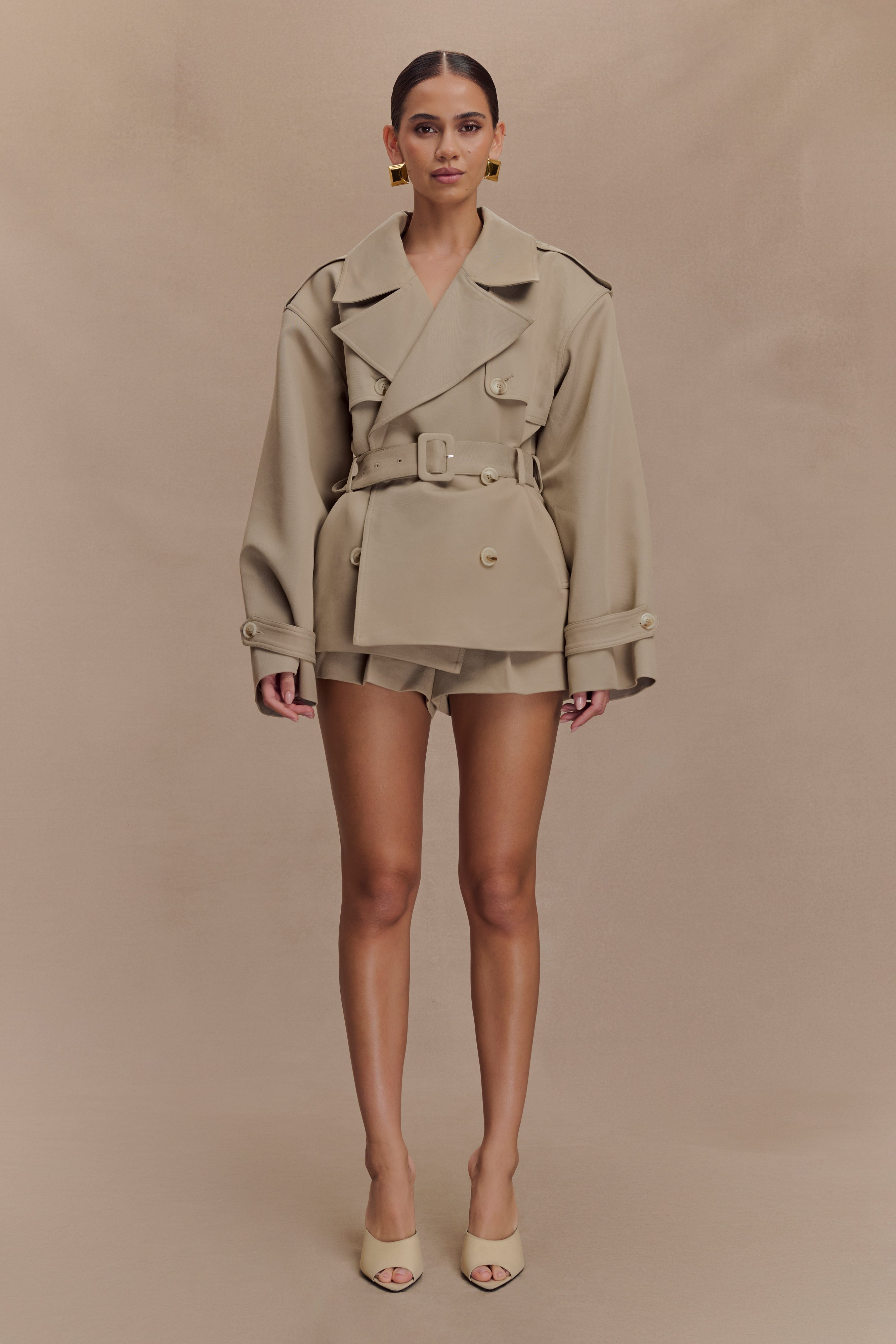 Women's khaki short belted double-breasted trench coat
