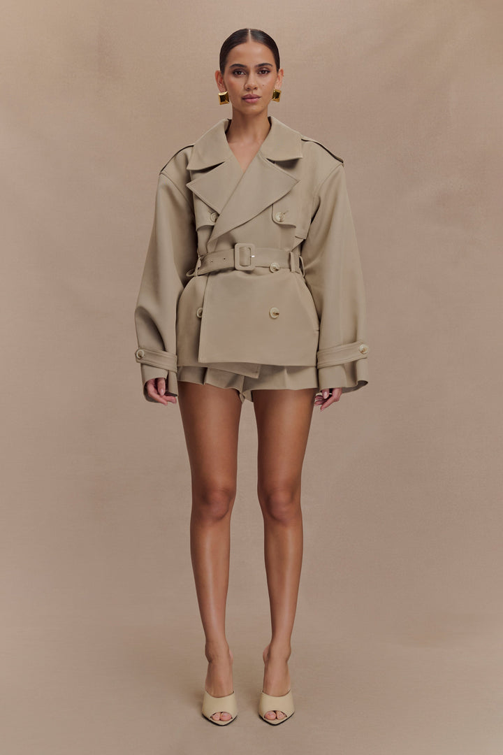 Women's khaki short belted double-breasted trench coat