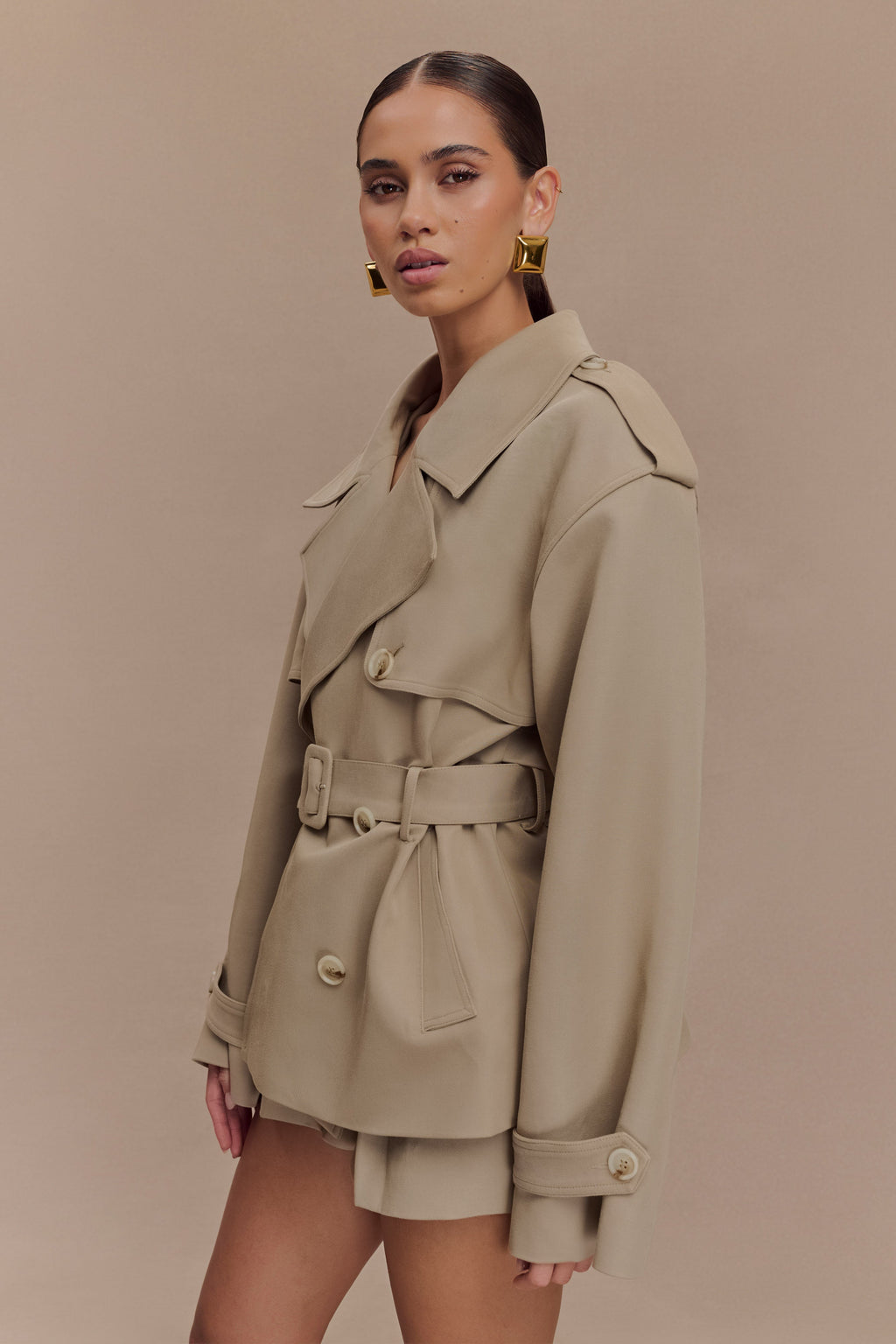 Women's khaki short belted double-breasted trench coat