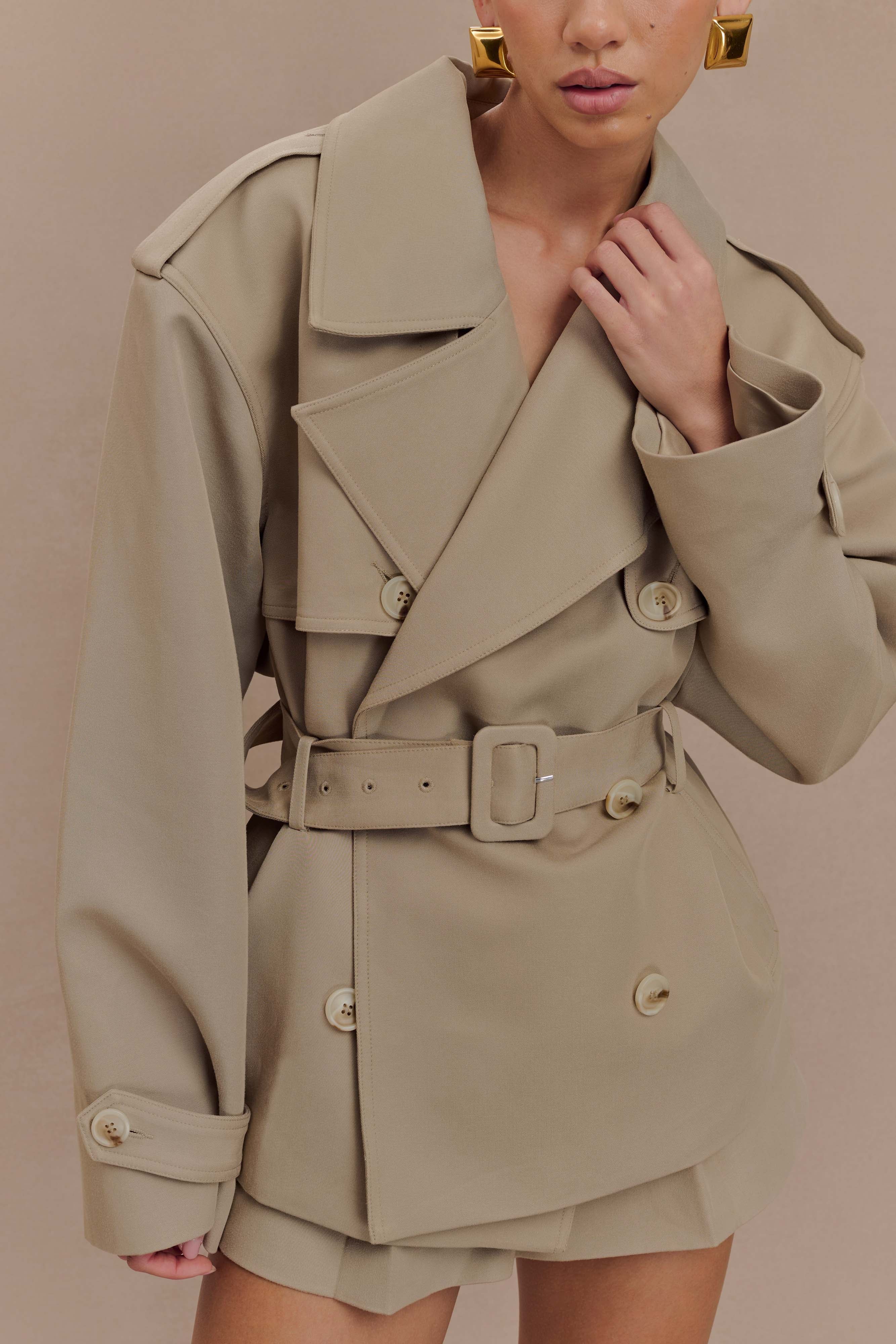 Women's khaki short belted double-breasted trench coat