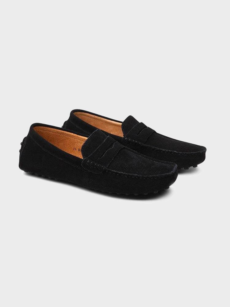 Men's suede boat loafers with rounded moc toe and penny strap detail