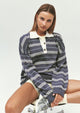 Women's striped rugby knit sweater with contrast collar and long sleeves