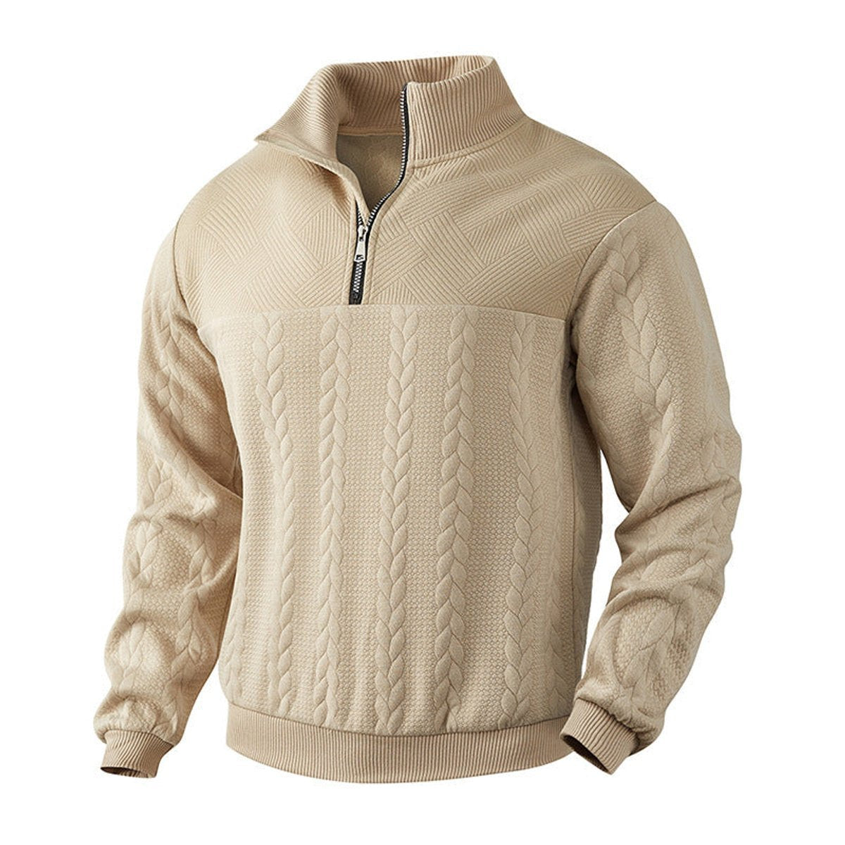 Men's quarter-zip jumper with stand collar and vertical cable-knit panels