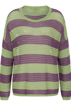 Women's striped open-knit sweater with crew neckline and long sleeves