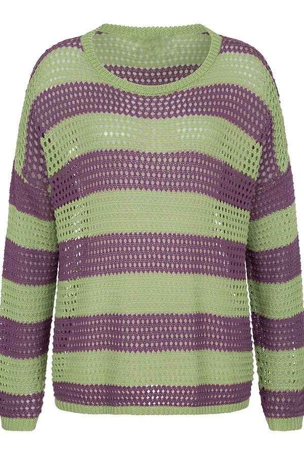 Women's striped open-knit sweater with crew neckline and long sleeves