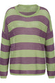 Women's striped open-knit sweater with crew neckline and long sleeves