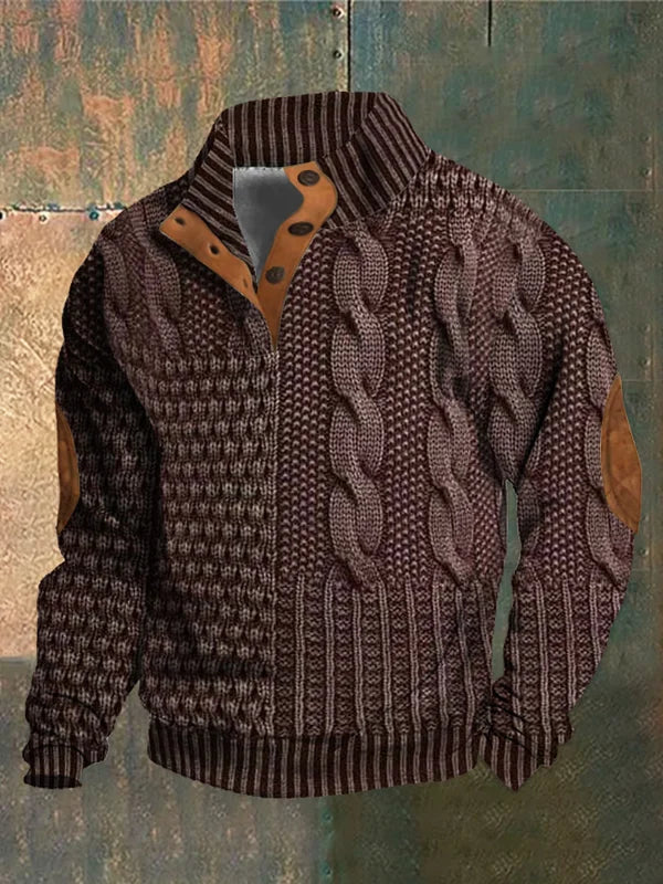 Men's patterned cable knit sweater with button collar