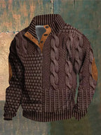 Men's patterned cable knit sweater with button collar