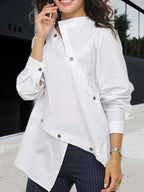Women's white asymmetric button front blouse with long sleeves