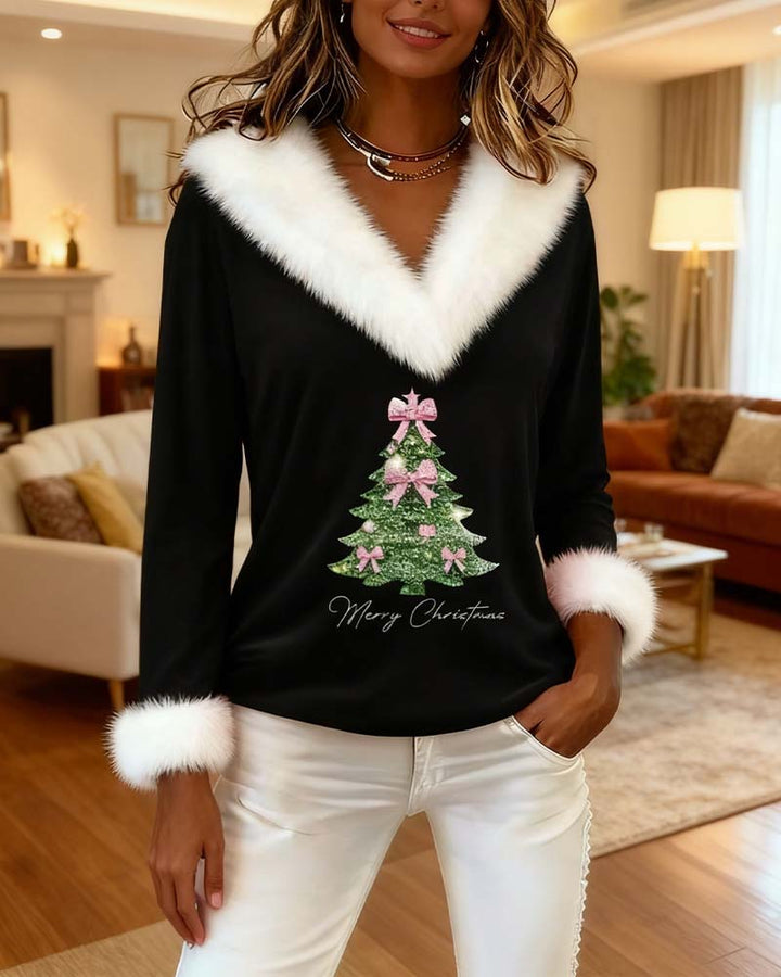Women's Christmas print top with fluffy collar, long sleeves and Christmas tree graphic