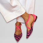 Women's pointed-toe ballet flats with cross-over ankle straps and striped toes