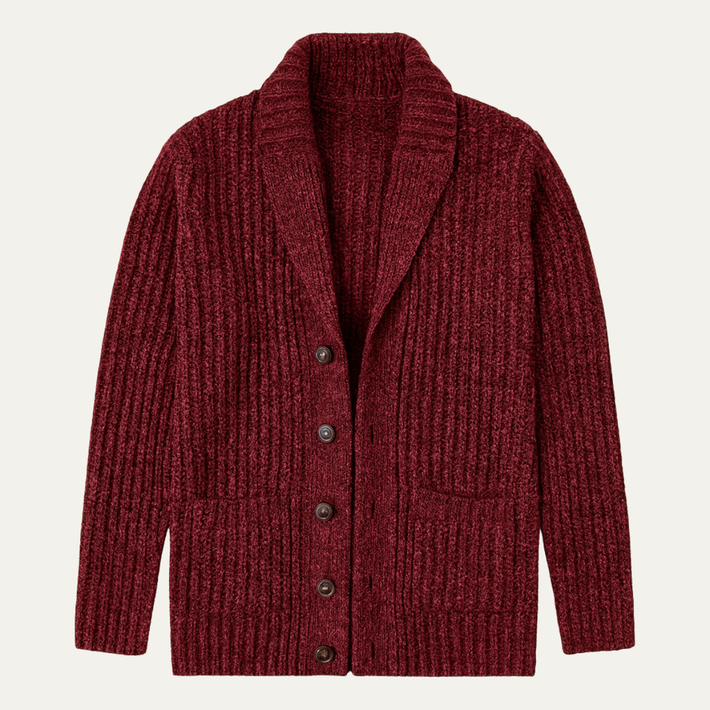 Men's chunky knit cardigan with shawl collar and buttons