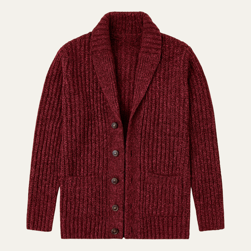 Men's chunky knit cardigan with shawl collar and buttons
