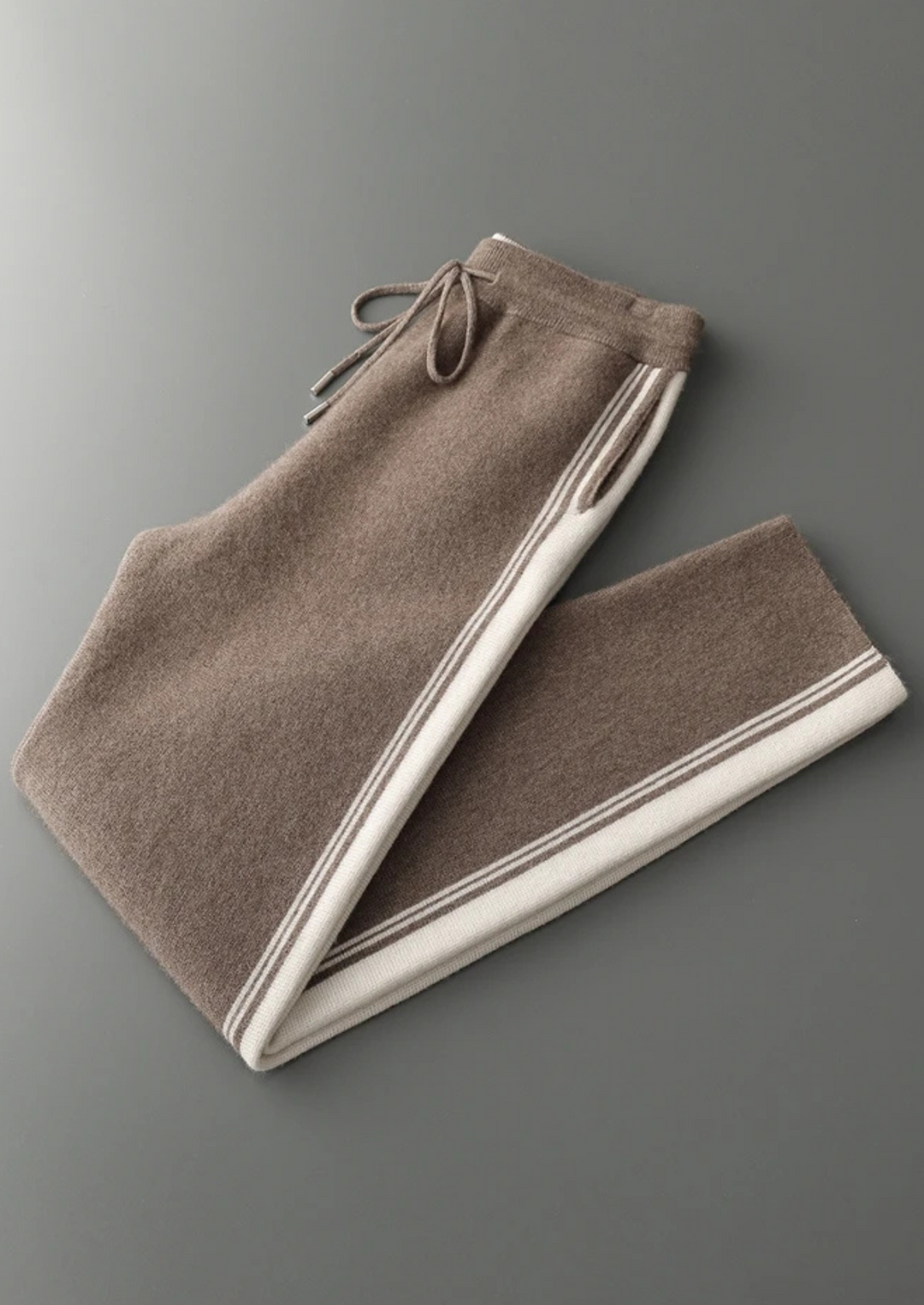 Men's knit hooded tracksuit set with contrast stripes on the sleeves and legs