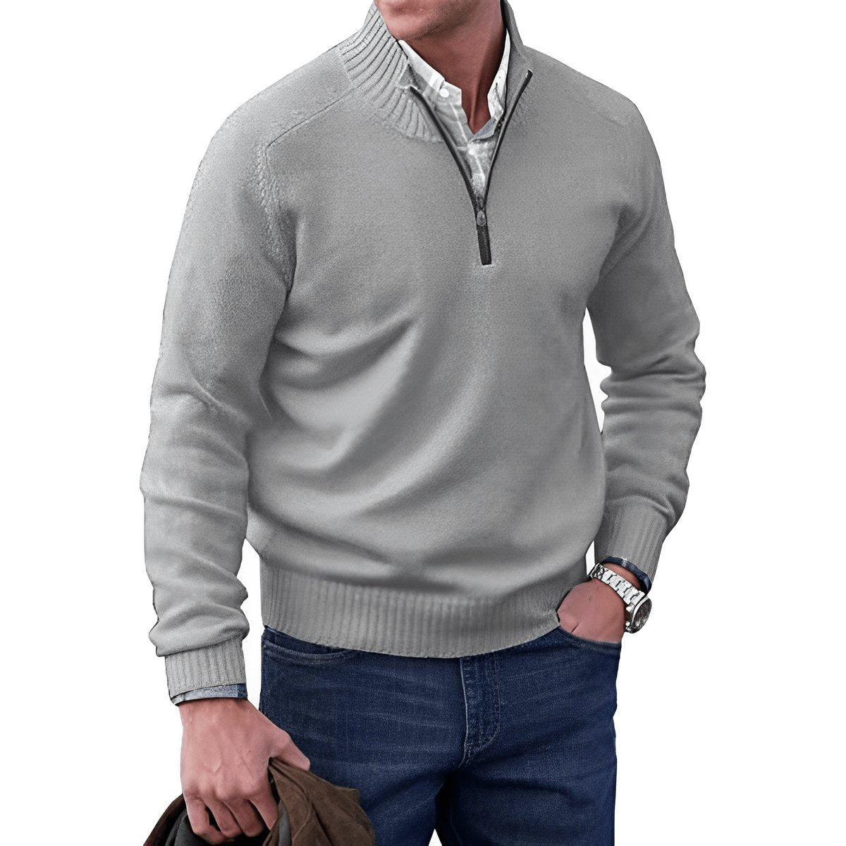 Men's quarter-zip knitted sweater with mock neck and ribbed trims