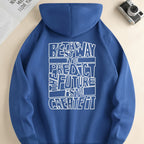 Men's hooded sweatshirt with large outlined text print on the back