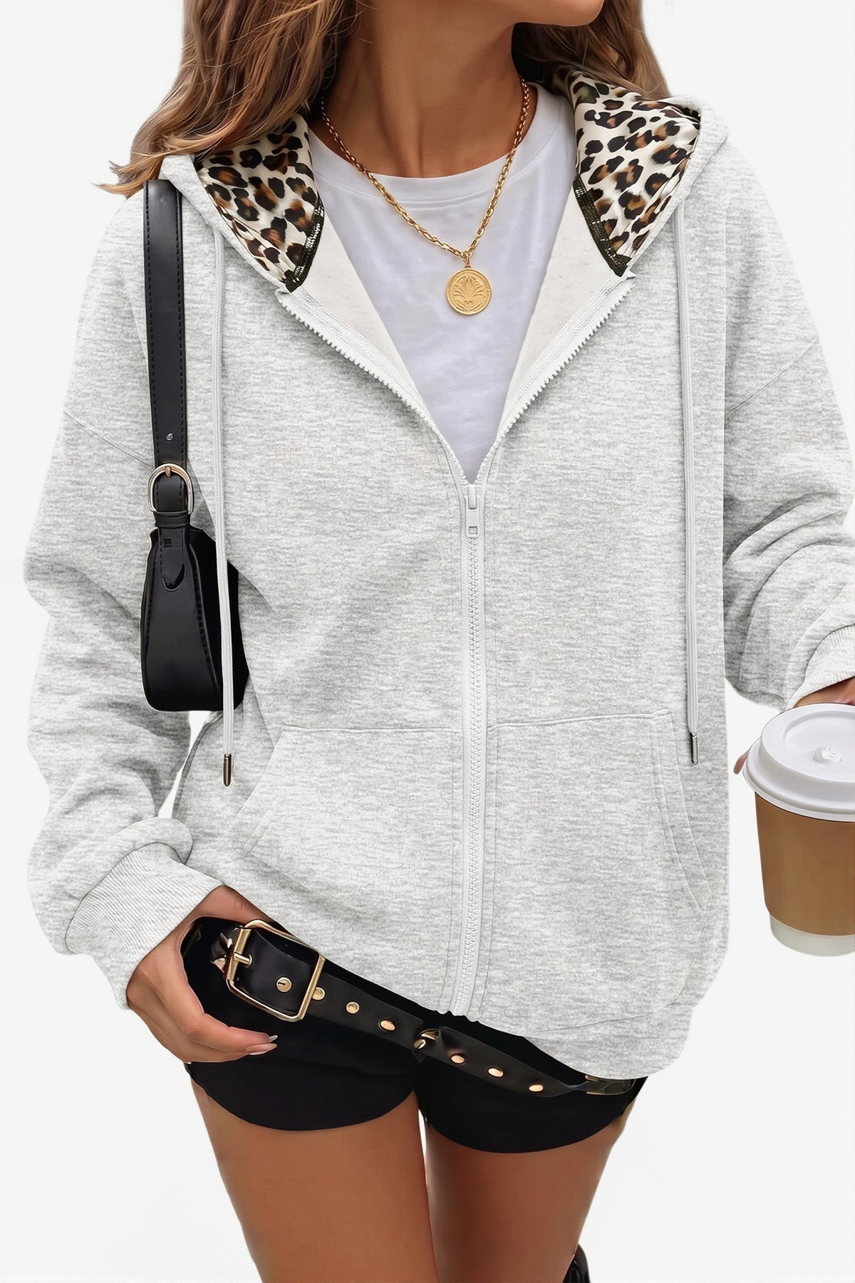 Women's oversized zip hoodie with leopard-lined hood and front pockets