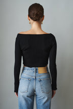 Women's black ribbed cropped cardigan with V-neckline and long sleeves