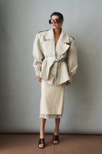 Women's cream belted trench coat with wide lapels